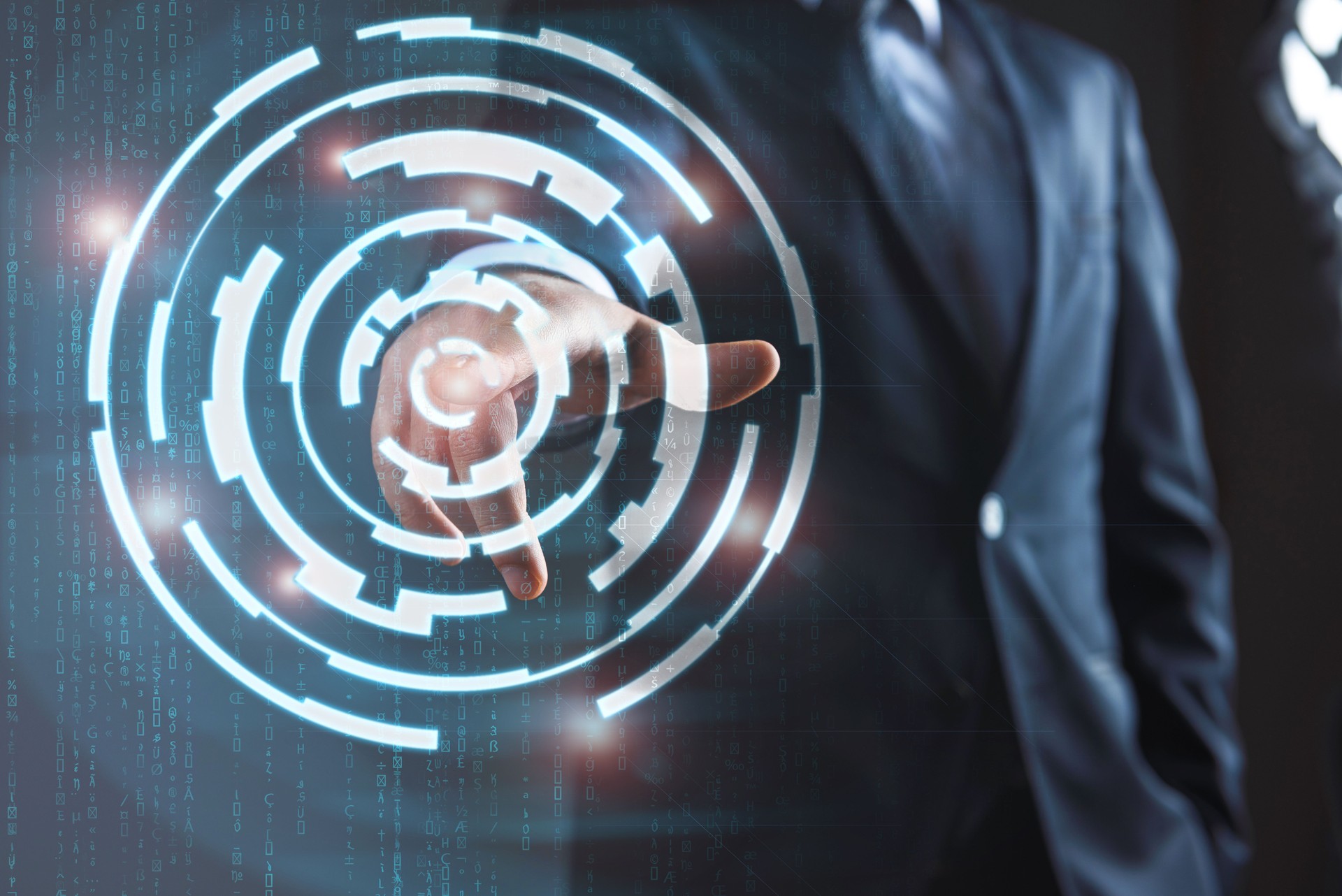 Businessman hand touching complex circular diagram on virtual screen , technology concept
